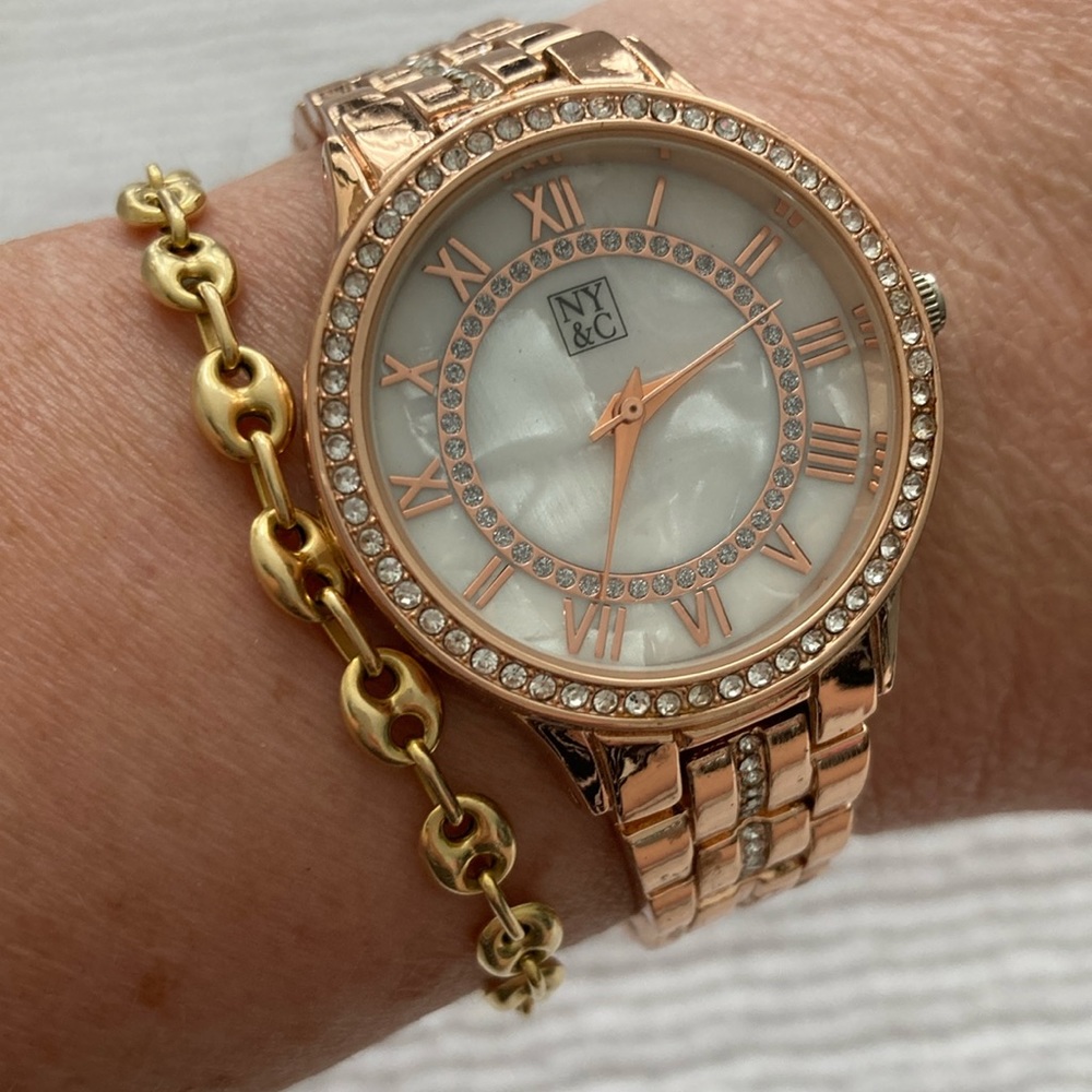NY&C rose gold tone, watch with CZ, Bezzel and mother of pearl face
